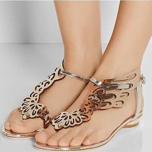 Fashion Woman Mirrored Leather Flat Sandals Angel Wing Bling Crystal Flip Flops Shoes Female Open Toe Summer Sanmals
