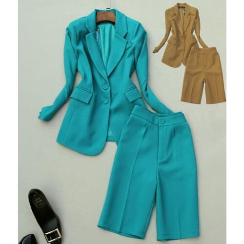 Fashion Office Lady Clothing Set Long Sleeve Suit Blazer and Knee Length Trousers One Set