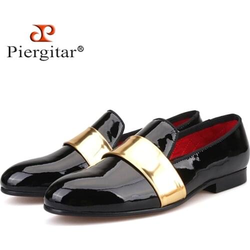 Piergitar handmade leather mens loafers with gold patent leather stripe fashion party and wedding men dress shoes mens flats