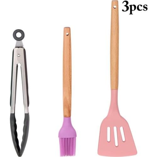 3Pcs/Set Silicone Utensil Set Heat Resistant Food Tongs Rubber Spatula Oil Brush Cooking Tools Accessories