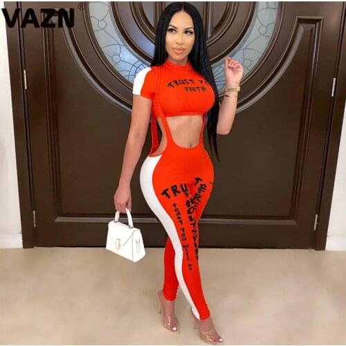 VAZN 2020 New Top Quality Sport Running Two Piece Set Letter Print 2 Piece Set Women Short Sleeve Full Pant Summer Sets