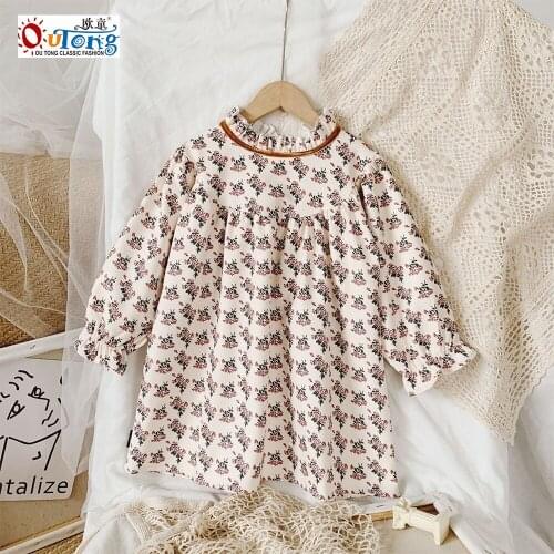 Outong New Children Clothes Girl Princess Dress Floral Long Sleeve Autumn Cotton Flower Print Dresses For 2-8 Years Baby Girls