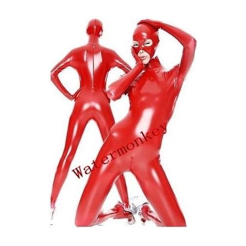 New style Adult Sexy Women Full Body Red Shiny PVC Faux Leather Suit Open Eyes And Mouth Fancy Dress Zentai Suit 3-way zip