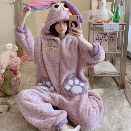 Winter Pajamas One-Piece Cartoon Women Sleepwear Nonopnd Plush Hooded Nightgown Loose Version Plus Size