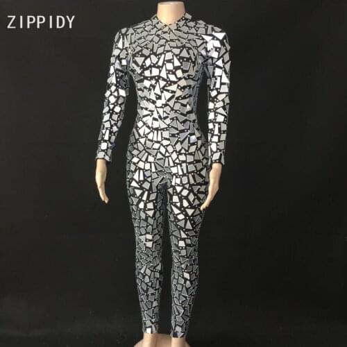 Full Sparkly Silver Mirror Stone Jumpsuit Bar Madam Dancer Show Sequins Outfit Birthday Celebrate Leggings Outfit