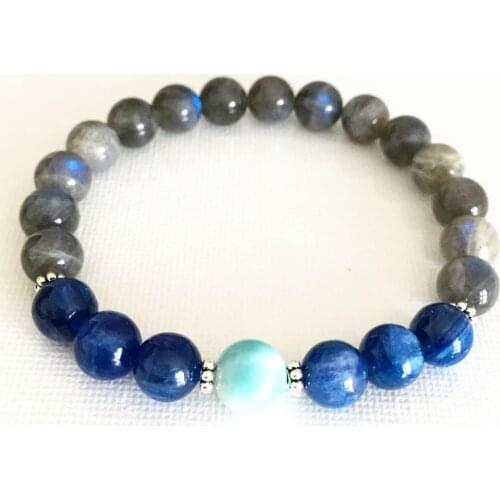Ruberthen Women`s AAA Grade Blue Kyanite Bracelet Natural AA Grade Labradorite Beaded Bracelet Heart Chakra Yoga Mala Bracelet