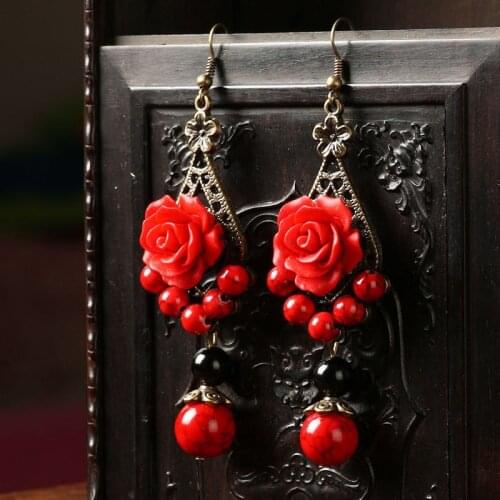 Women ethnic earrings lacquer carving rose flowers earrings lovers day gift ,new vintage stones earrings valentines day