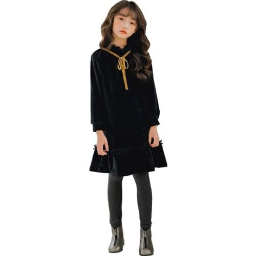 Mesh Ruffles Woolen Dresses For Kids Long Sleeve Bow Knee Length Dress Baby Big Girls Preppy Style Party Winter Dresses Clothing