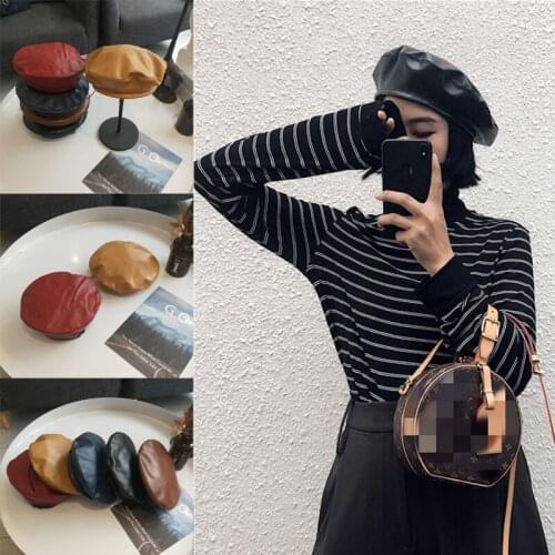 5 Style Hot Sale Vintage Women Solid Faux PU Beret Hat French Artist Warm Hat Winter Ski Cap Lady All-Match Hat Fashion Berets