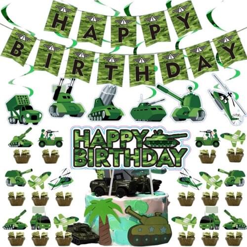 Military theme camouflage party army green tank birthday party decoration disposable tableware cake flag plate baby shower gift