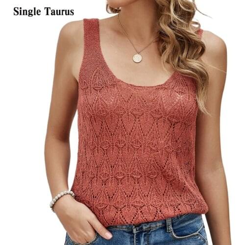 2021 Summer Sling Women Tops Solid Color Sleeveless Hollow Out Sexy O-Neck Casual Ladies Vest Knitted Pullover Female Camisole