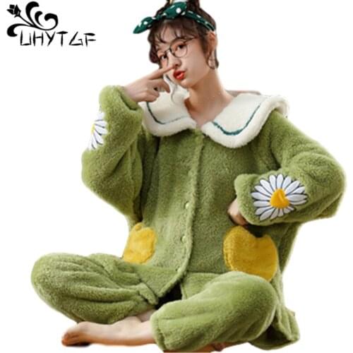 UHYTGF Pajamas Women Flannel Long Sleeves Warm Autumn Winter Sleepwear Set Coral Fleece Sweet Cute Homewear Female Nightgown1859