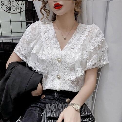 V-neck Hollow Lace Blouse Women 2021 Summer New French Sexy Tops Ruffle Stitching Shirt Female Short Sleeve Crochet Blouse 14175