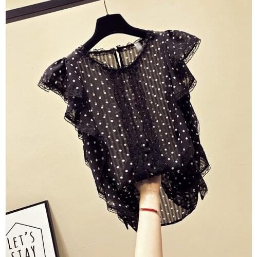 MUMUZI black Tops lace chiffon shirt 2019 summer new womens ruffles beaded blouses slim casual tops shirt