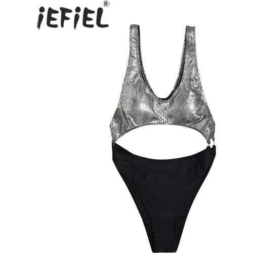 Women Snakeskin Printed Lingerie Bodysuits Clubwear Sleeveless Wet Look Patchwork Catsuit Jumpsuit Cutout Sexy Teddies Costumes