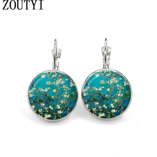 New / Van Gogh flower branch charm Van Gogh bloom art earrings, convex and concave glass ladies earrings