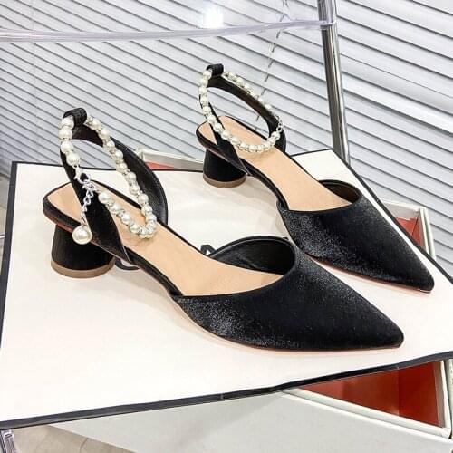 Designer Women Sandals Vintage Thick Heel Women High Heels Pearl Women Slippers Zapatillas Mujer Pump Party Women Dress Shoes