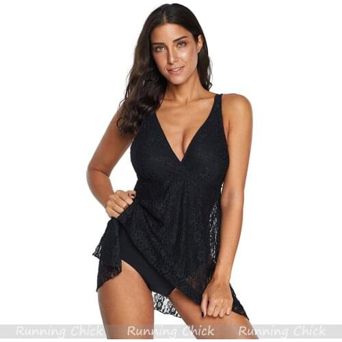 Swimsuit Womens Belly Covered Slim New Black Lace Skirt V-neck Large Style One Piece Conservative Beach Skirt, Swimwear Women