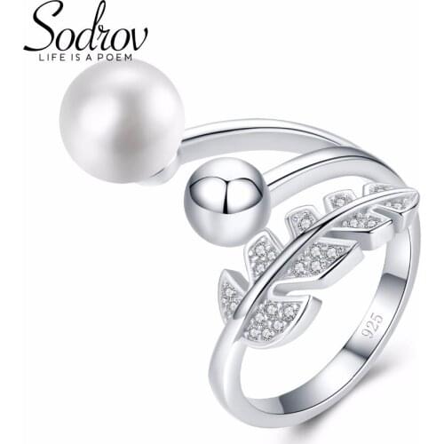SODROV 2019 NEW 925 Sterling Silver Fine Jewelry Leaves Engagement Wedding Rings for Women Open Finger Rings Pearl Birthday Present R034