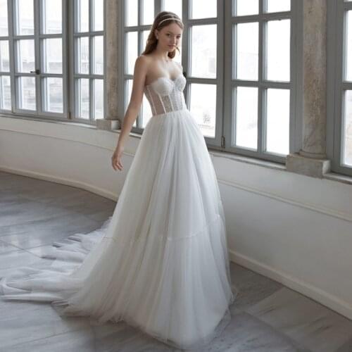 Fanweimei Sexy Tulle Strapless Sweetheart Wedding Dress 2021 Vestido de Novia Boho Applique Pearls Lace-up A Line Bridal Dress