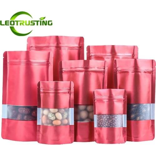 100pcs Stand up Matte Red Aluminum Foil Window Zip Lock Bag Chocolate Kitchen Spice Cereals Nuts Oilproof Heat Sealing Pouches