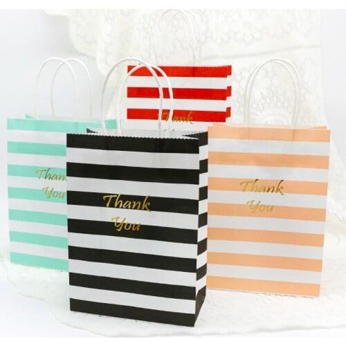 5PCS Bronzing Thank You Gift Bags Tote Paper Stripe Packaging Candy Cookie Present Wedding Birthday Party Goodie Bags For Sweets