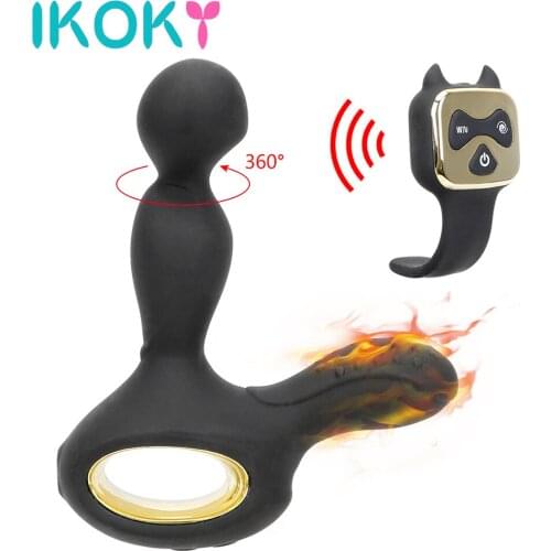 IKOKY 5 Speeds Rotating +10 Speeds Vibrating Wireless Heating Prostate Massager Anal Sex Toys, Remote Anal Silicone Vibrator