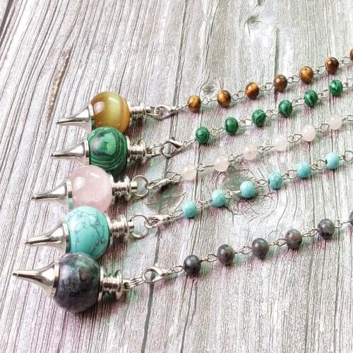 Balance Reiki Natural Stone Crystal Dowsing Pendulum Circular Cone Charm Pendant & 6mm beads chain for Men Women Divination