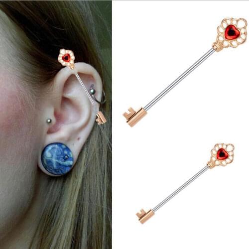 1piece Love Heart Red Stone Key Stainless Steel Industrial Barbell Piercing Long Earring Helix Ear Piercing Jewelry