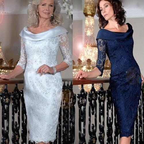 Elegant Navy Blue Satin Sheath Mother Of The Bride Dresses Half Sleeve Short Evening Party Gowns Lace Mother Wedding Guest Dress