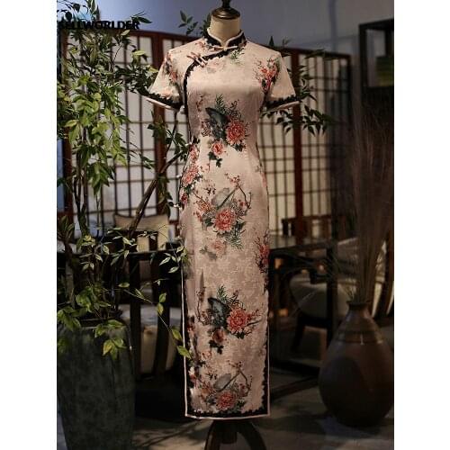 Elegant Woman Chinese style improved daily Pink Cheongsam peony flower Print Dress