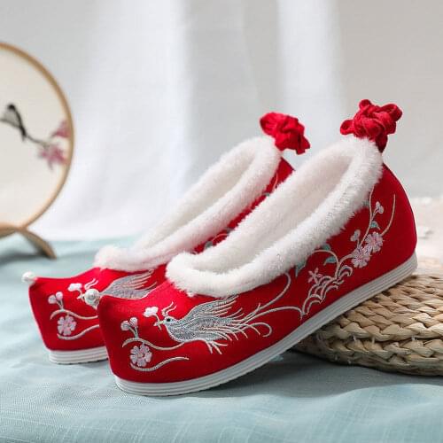 Fairy Cosplay Traditional Chinese Shoes Embroidery Floral Vintage Hanfu Shoes Women High-heeled Beef Girl Winter Lolita Shoes