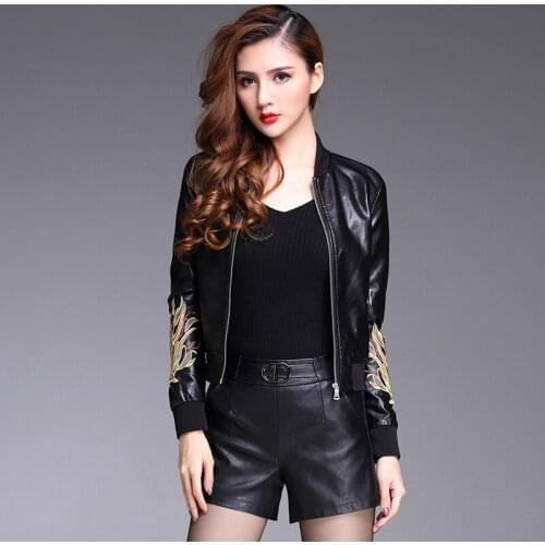 2020 Spring Autumn Genuine Jacket Women Korean Embroidery Fashion Fit Shorts Sheepskin Leather Jackets Coat 1106