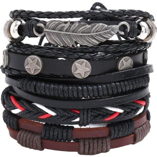 Fashion Punk Men Black Wide Bracelet Set Alloy Star Leaf Vintage Multilayer Leather Charms Wrap Bangle Wristbands Women Jewelry