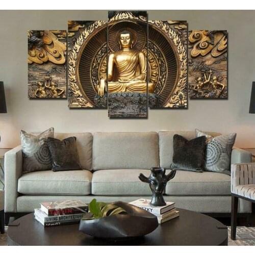 5 Piece Poster Modular Golden Buddha Statue Wall Art Canvas Paintings Wall Decorations for Living Room