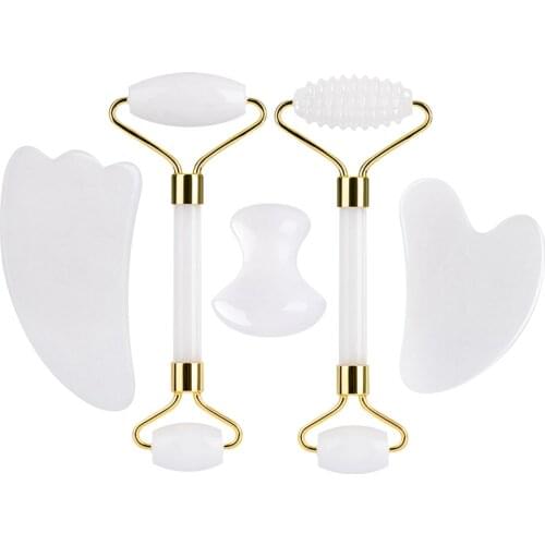 Natural White Jade Roller Gouache Scraper GuaSha Board Set Face Massager Facial Gua Sha Massage Tool Stone Face Roller Skin Care