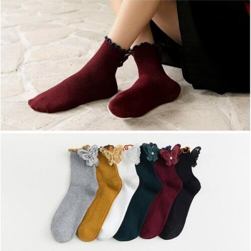 Women Solid Cotton Socks Wrinkled Cuff Butterfly Patch Ankle Socks Girls Cute Ribbed Crew Socks Mustard Winter Socks 6 pairs/lot