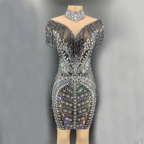New Women Sparkly Rhinestones Tassel Short Dress Singer Costume Mesh See Through
