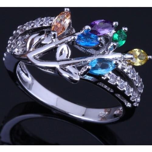 Very Good Plant Multigem Multicolor Yellow Cubic Zirconia Silver Plated Ring V0438