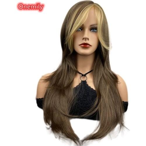 Onemily 28 Inch Very Long Brown Straight Womens Wigs Heat Friendly Synthetic Hair