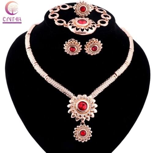 Wholesale Handmade Nigerian Wedding African Beads Jewelry Set Gold-Color Crystal Beads Necklace Earring Ring Bangle Jewelry Set