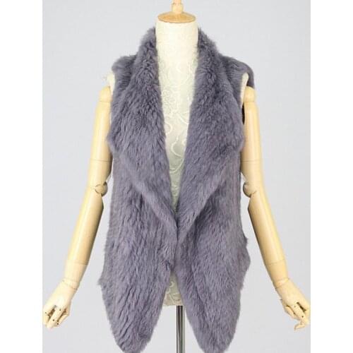 Fall Winter Elegant Fashion Warm Rabbit Fur Knitted Black Vest Women 2XL Turn-down Collar High Quality Sleeveless Jacket WH553