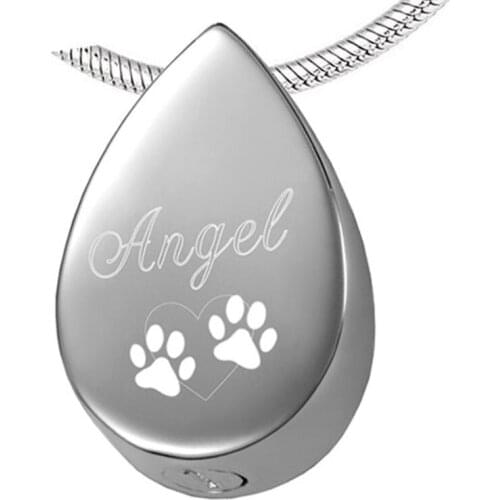 IJD8029 Cremation Necklace Engraved Paw Angel for Memorial Stainless Steel Teardrop Memorial Ashes Holder Urn Necklace Locket