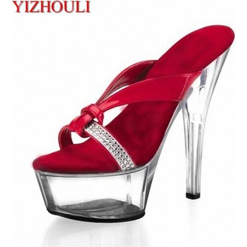 17cm transparent thin heel platform shoes, stage style high-quality rhinestone decorative sandals, fashion sexy model slippers