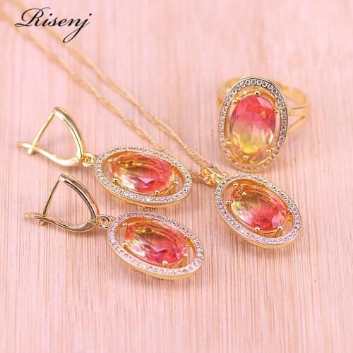Risenj Many Colors Gradient Top Zircon Rose Gold Jewelry For Women Earrings Necklace Ring Set Unique Oval Zircon Bridal Jewelry