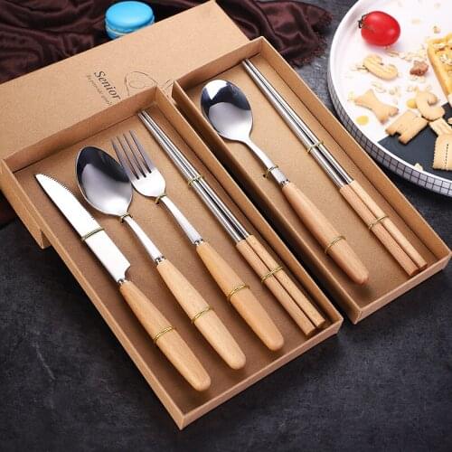 Beech handle western food steak knife fork spoon stainless steel gift four-piece set can be printed