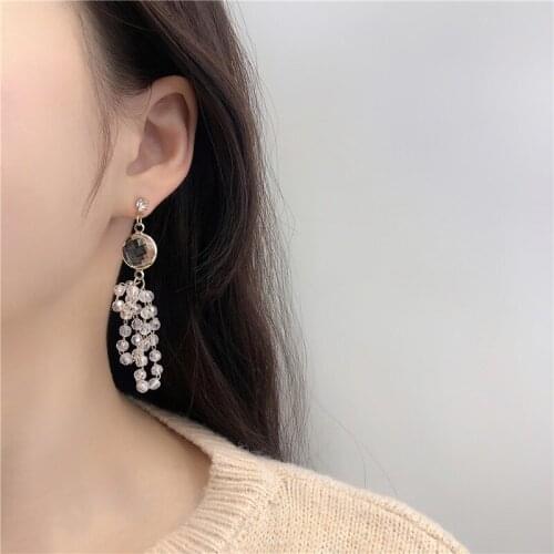 TIMEONLY Temperament Shiny Rhinestones Long Tassel Earrings 2021 Fashion Charm Earring for Women Ladies Jewellery Korean Style