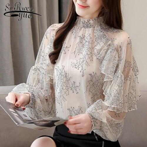 2019 New Elegant Casual Printed Women Tops Ruffles Lace Blouse Fashion Perspective Chiffon shirt Stand collar shirt 4666 50