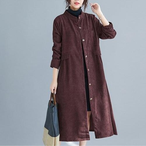2021 autumn new women literary retro corduroy windbreaker jacket loose large size mid-length casual all-match cardigan coat s577