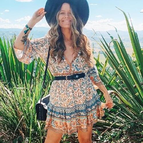 TEELYNN mini women dresses rayon floral print summer dresses Gypsy flare sleeve Drawstring waist short boho dresses Vestido robe